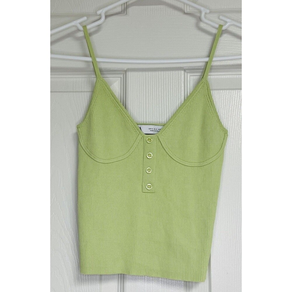 Zara Ribbed Tank Top Cami Size Small Lime Green Spaghetti Strap Faux Buttons